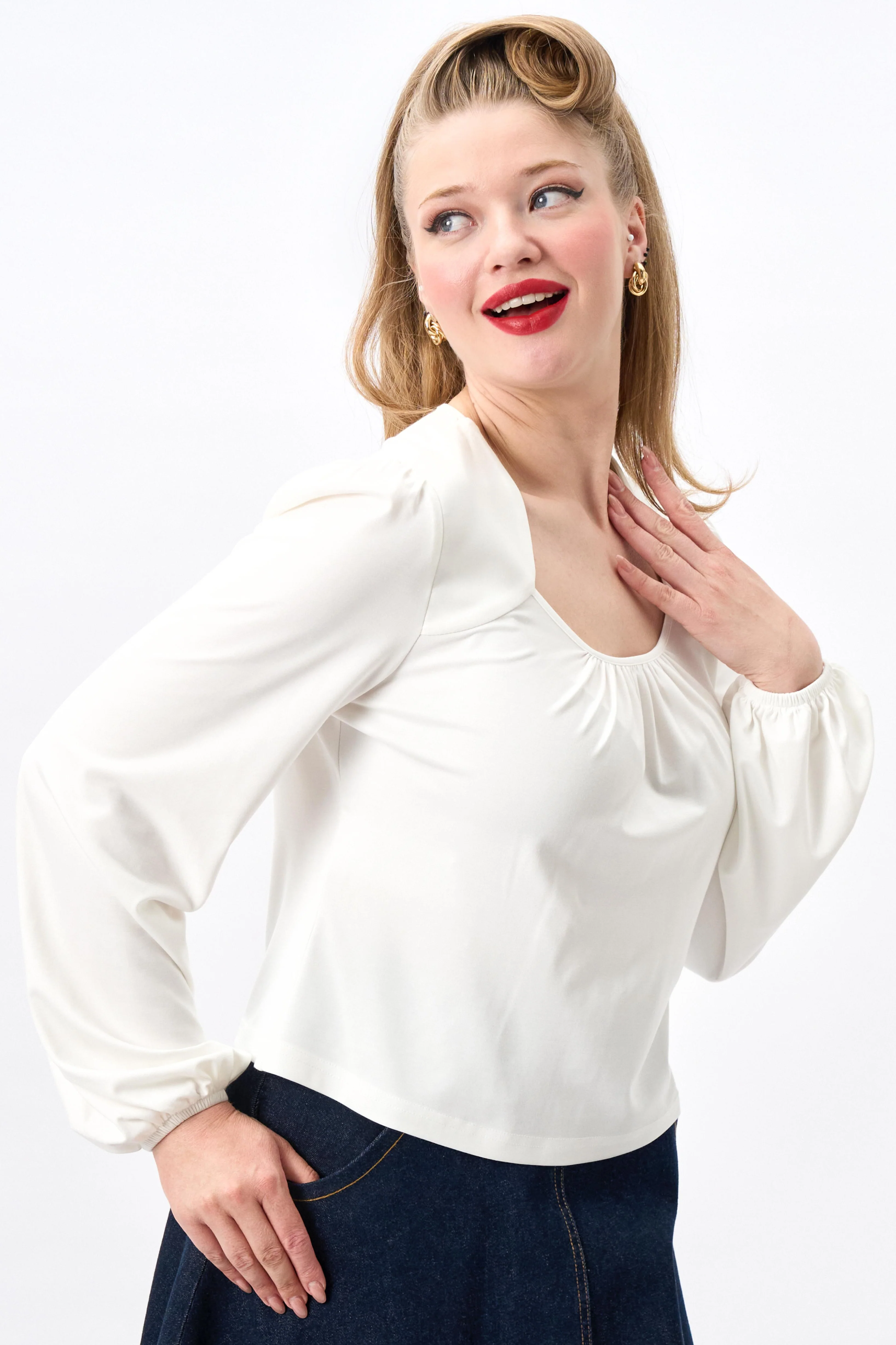 Leslie White Balloon Sleeve Jersey Top - Image 3